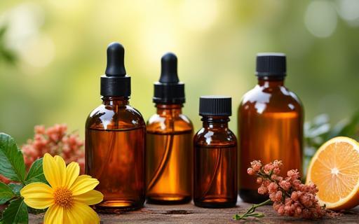 Cover image of an essential oils e-book, featuring bottles and botanicals